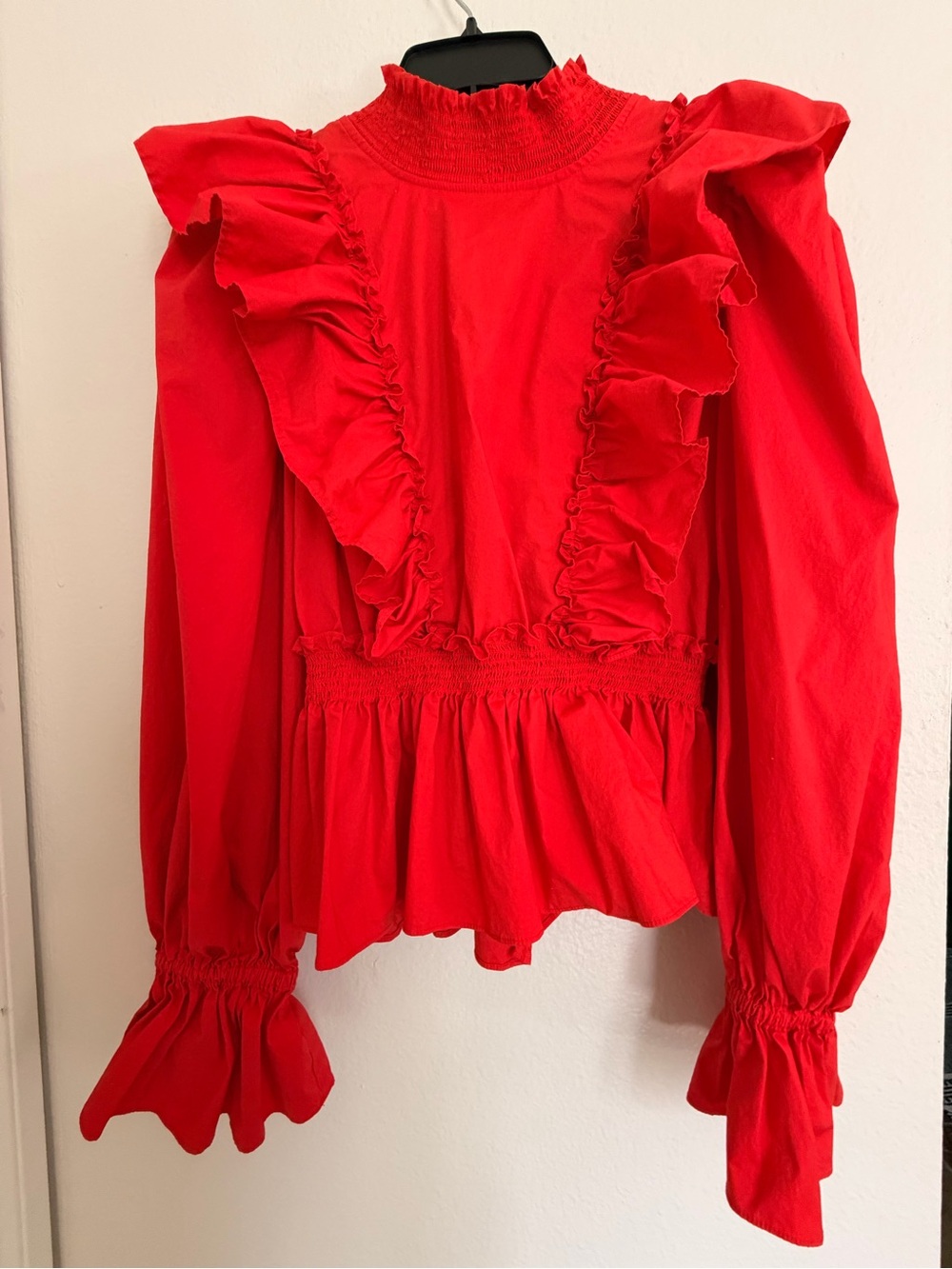 Sea New York Gaia Ruffle Long Sleeve Blouse Open Tie Back Scarlet Red, Size 8